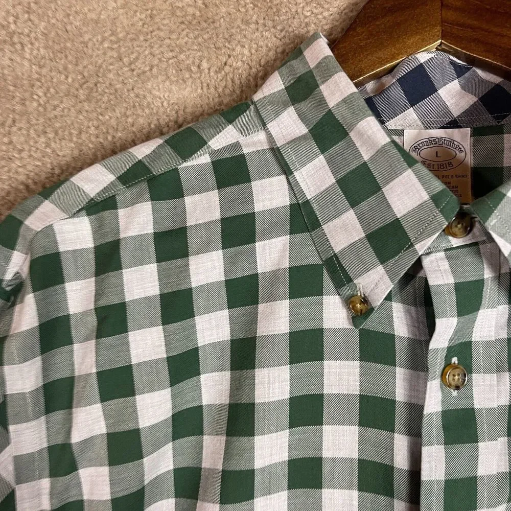 Brooks Brothers Button Down Shirt Mens Large L White/Green Check Non Iron Supima - Picture 3 of 8